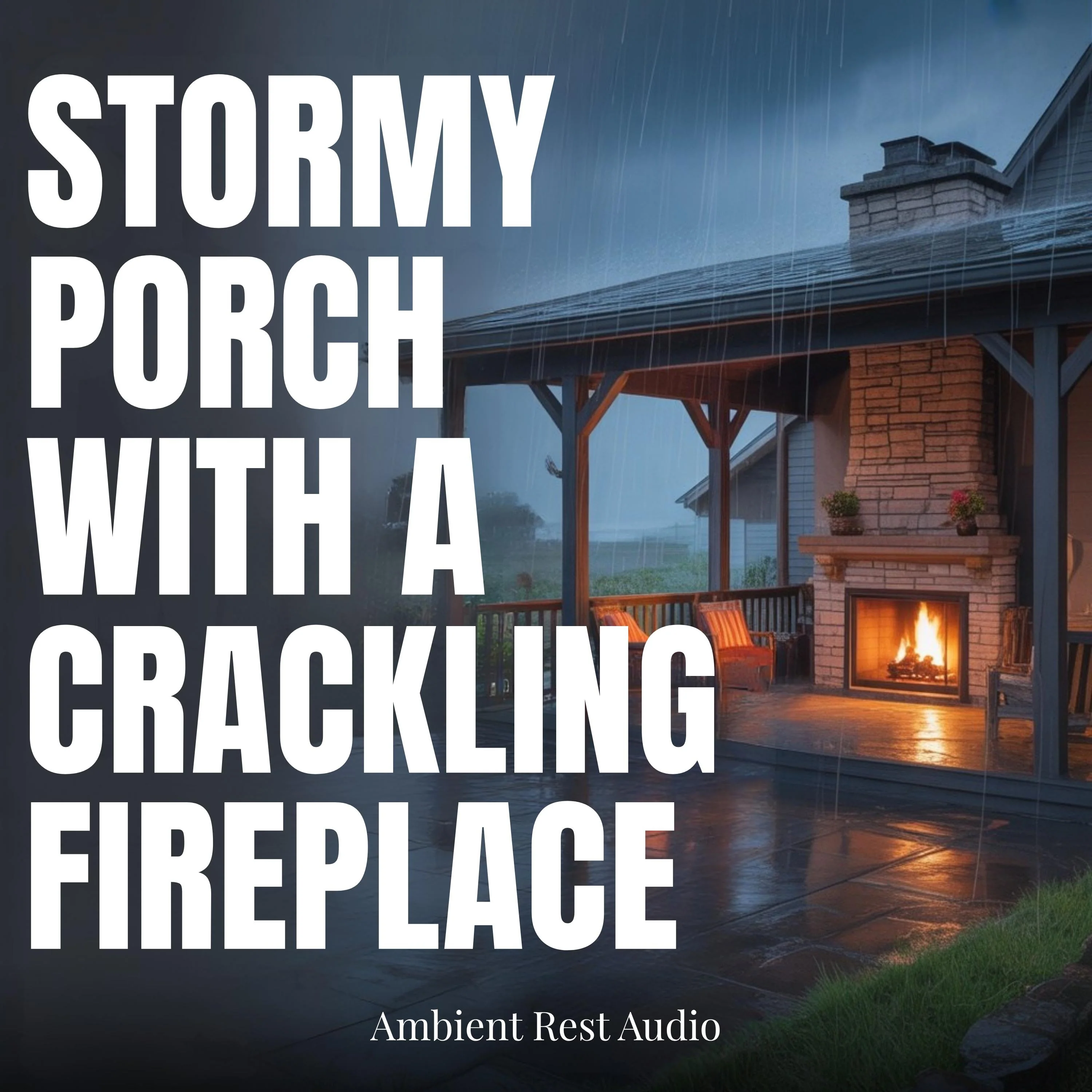 Stormy Porch with a Crackling Fireplace